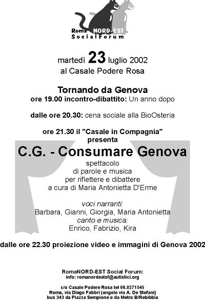 iniziaiva di festa e riflessione a cura del Roma NORD_EST Social Forum: Tornando da Genova - marted 23  luglio 2002