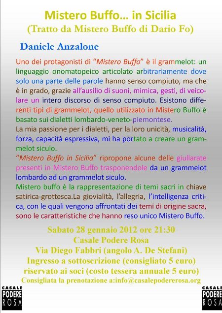 promoflyer dello spettacolo Mistero Buffo ... in Sicilia -Daniele Anzalone in programma sabato 28 gennaio 2012 al Casale Podere Rosa