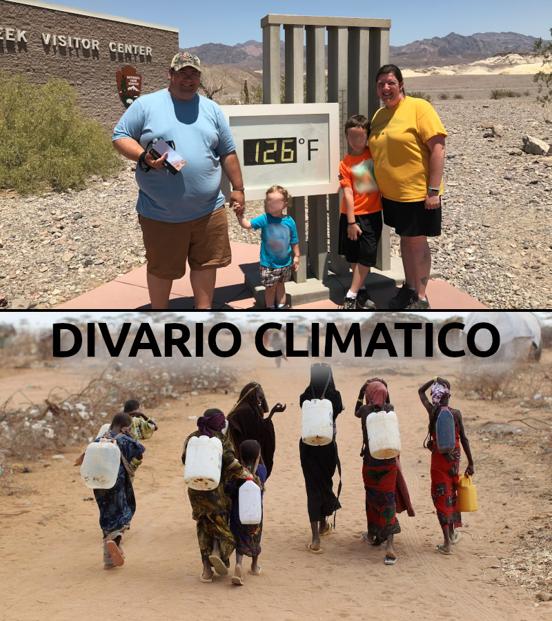 Un opulento selfie nella Death Valley in netto contrasto con il lungo cammino delle donne e bambini africani per sopravvivere: Divario climatico.