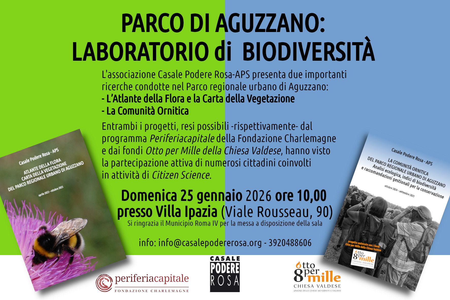 PARCO DI AGUZZANO: LABORATORIO di  BIODIVERSITÀ, presentazione degli ultimi due lavori di ricerca. Domenica 25 gennaio 2026 presso Villa Ipazia (Casal de' Pazzi)