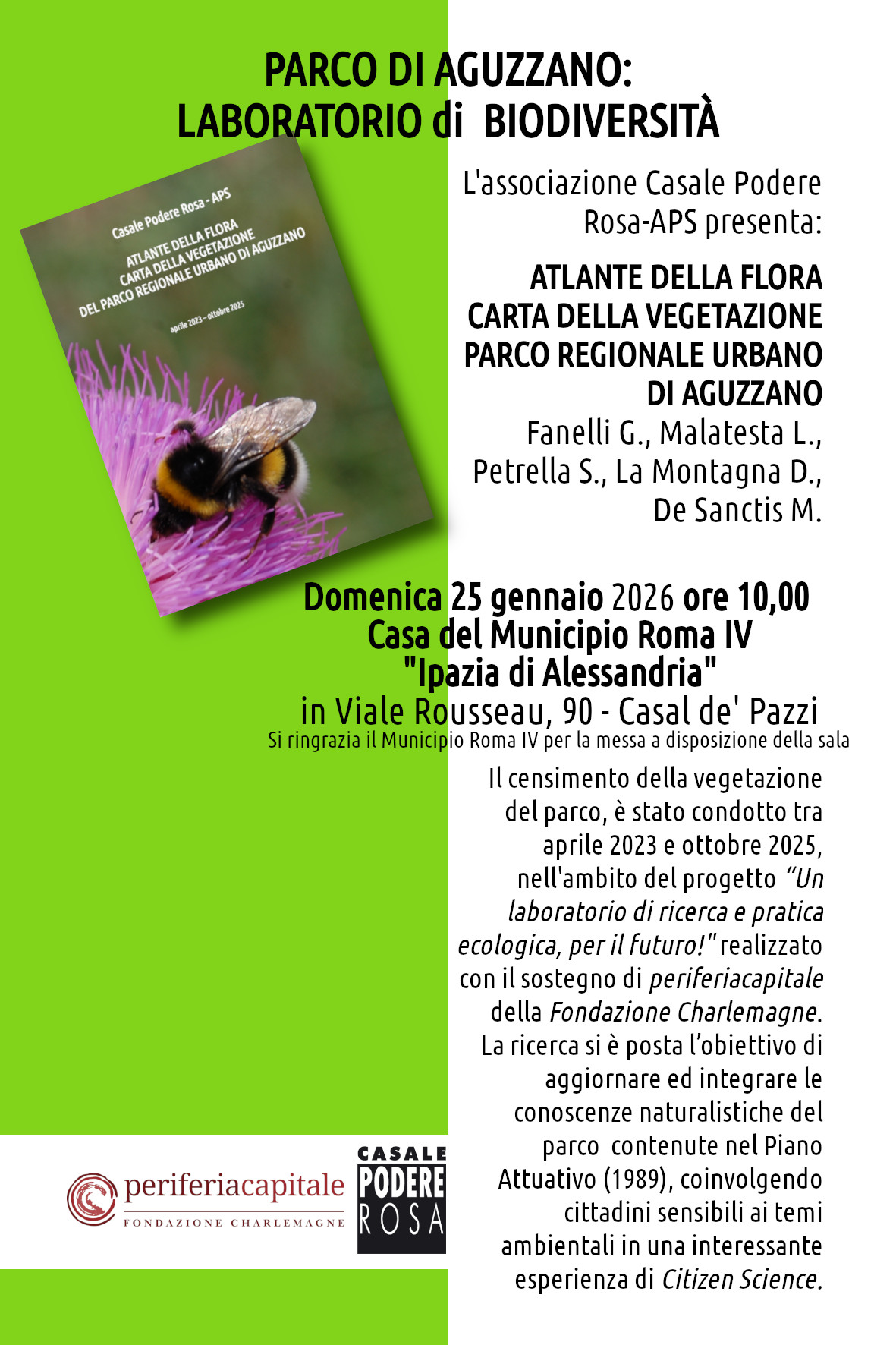 Presentazione del lavoro di Censimento della flora nel Parco regionale urbano di Aguzzano, Domenica 25 gennaio 2026, Villa Ipazia di Alessandria (Casal de' Pazzi)