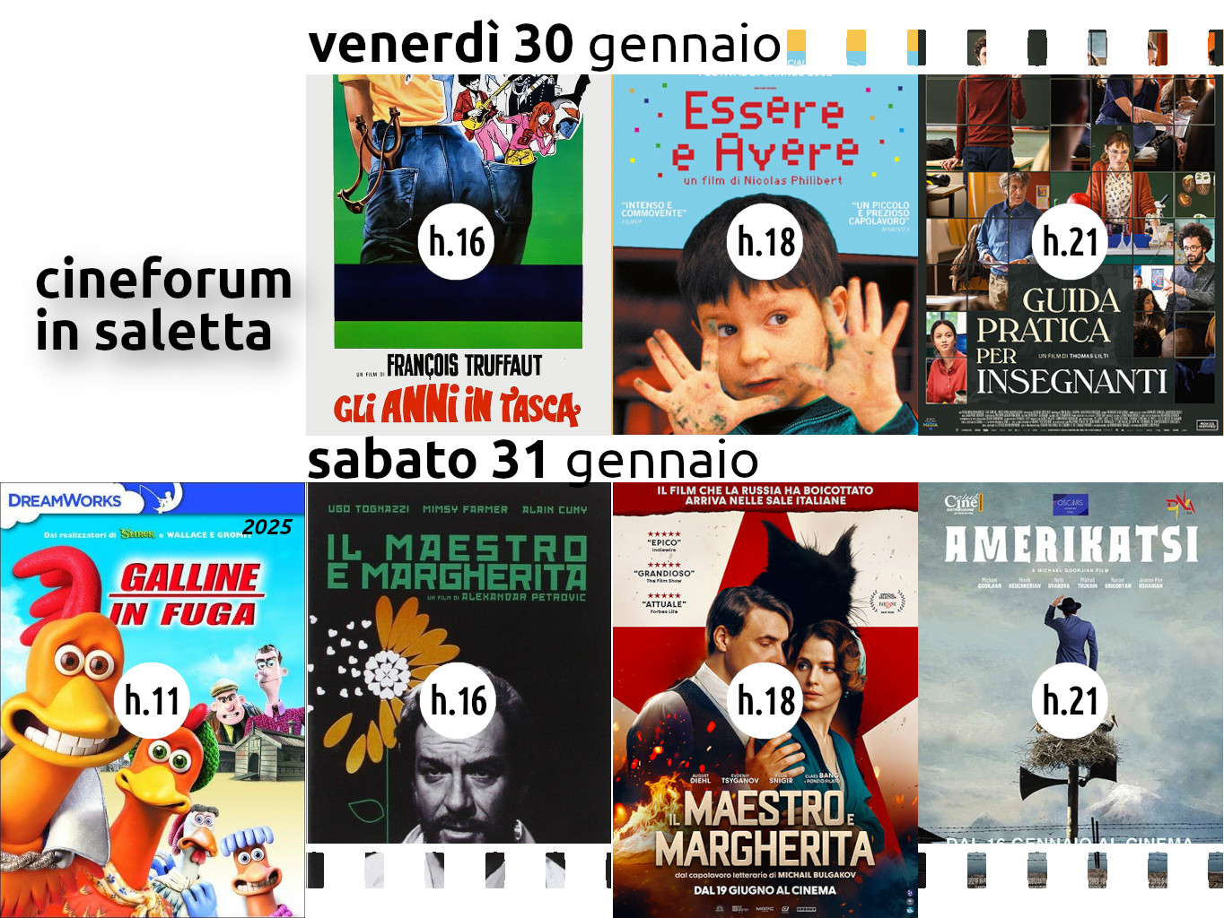 Cineforum in saletta venerdì 30 sabato 31 gennaio – Cinematinée sabato 31 gennaio 2026