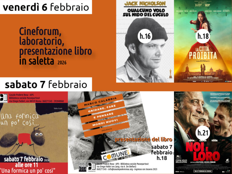 Cineforum, laboratorio, presentazione libro in saletta venerdì 6 e sabato 7 febbraio 2026