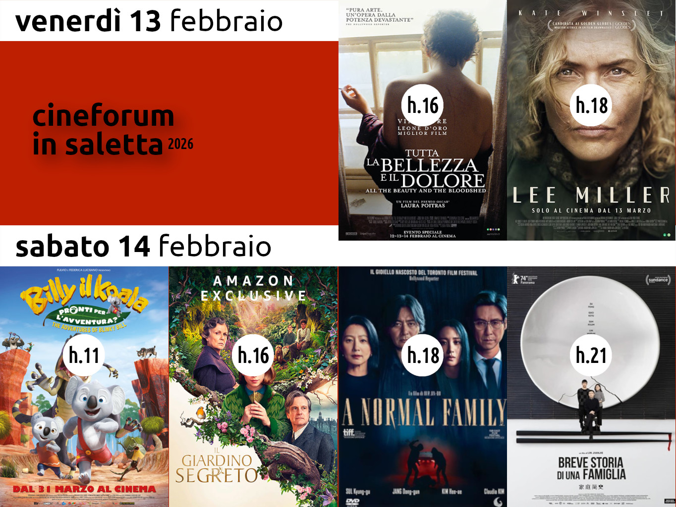 Cineforum in saletta venerdì 13 sabato 14 febbraio – Cinematinée sabato 14 febbraio 2026