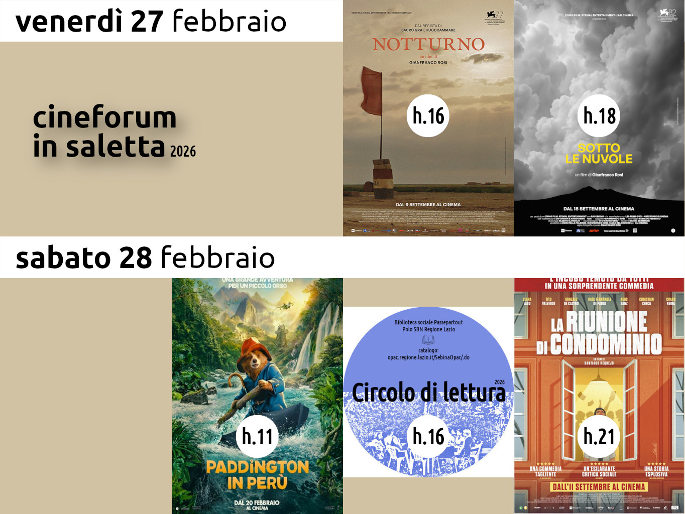 Cineforum in saletta venerdì 27 sabato 28 febbraio – Cinematinée sabato 28 febbraio 2026