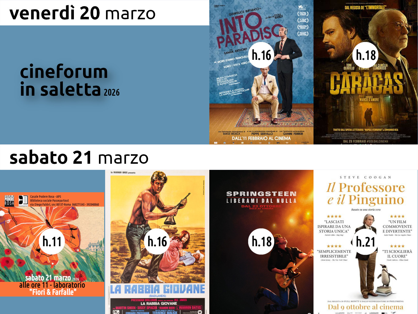 Cineforum in saletta (e non solo) venerdì 20 sabato 21 marzo – Laboratorio bimbi sabato 21 marzo 2026