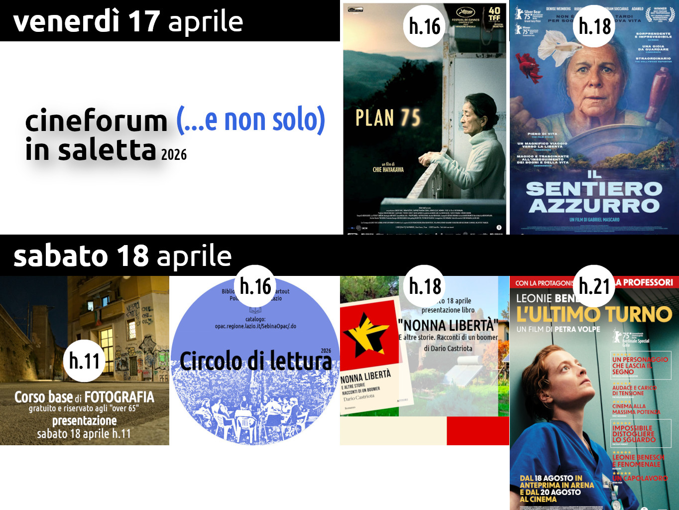 Cineforum (…e non solo) in saletta venerdì 17 sabato 18 aprile 2026