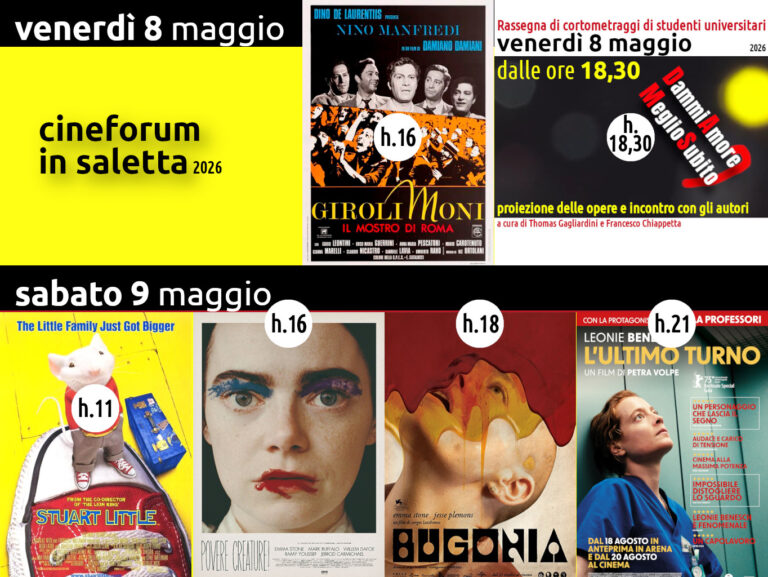 Cineforum (e non solo) in saletta venerdì 8 e sabato 9 maggio 2026