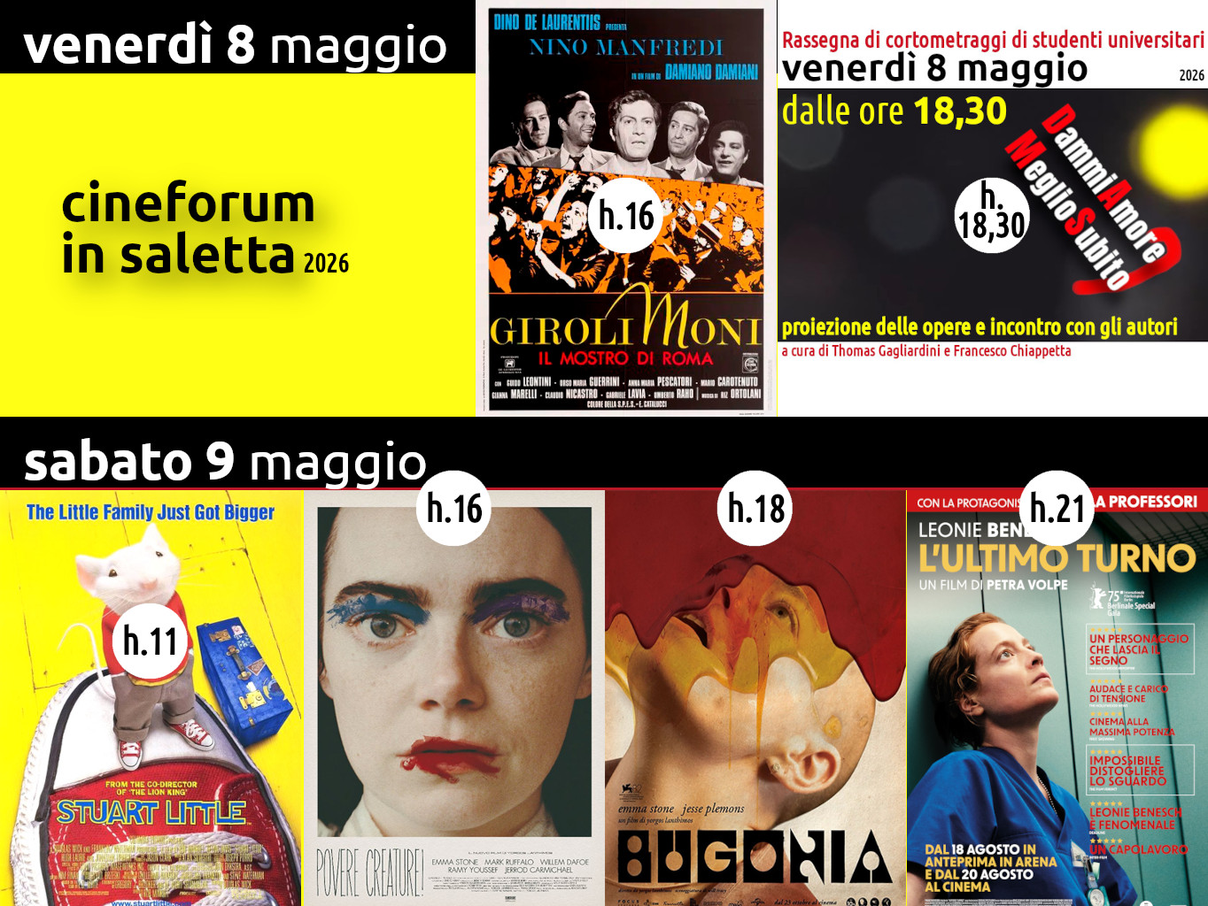 Cineforum (e non solo) in saletta venerdì 8 e sabato 9 maggio 2026