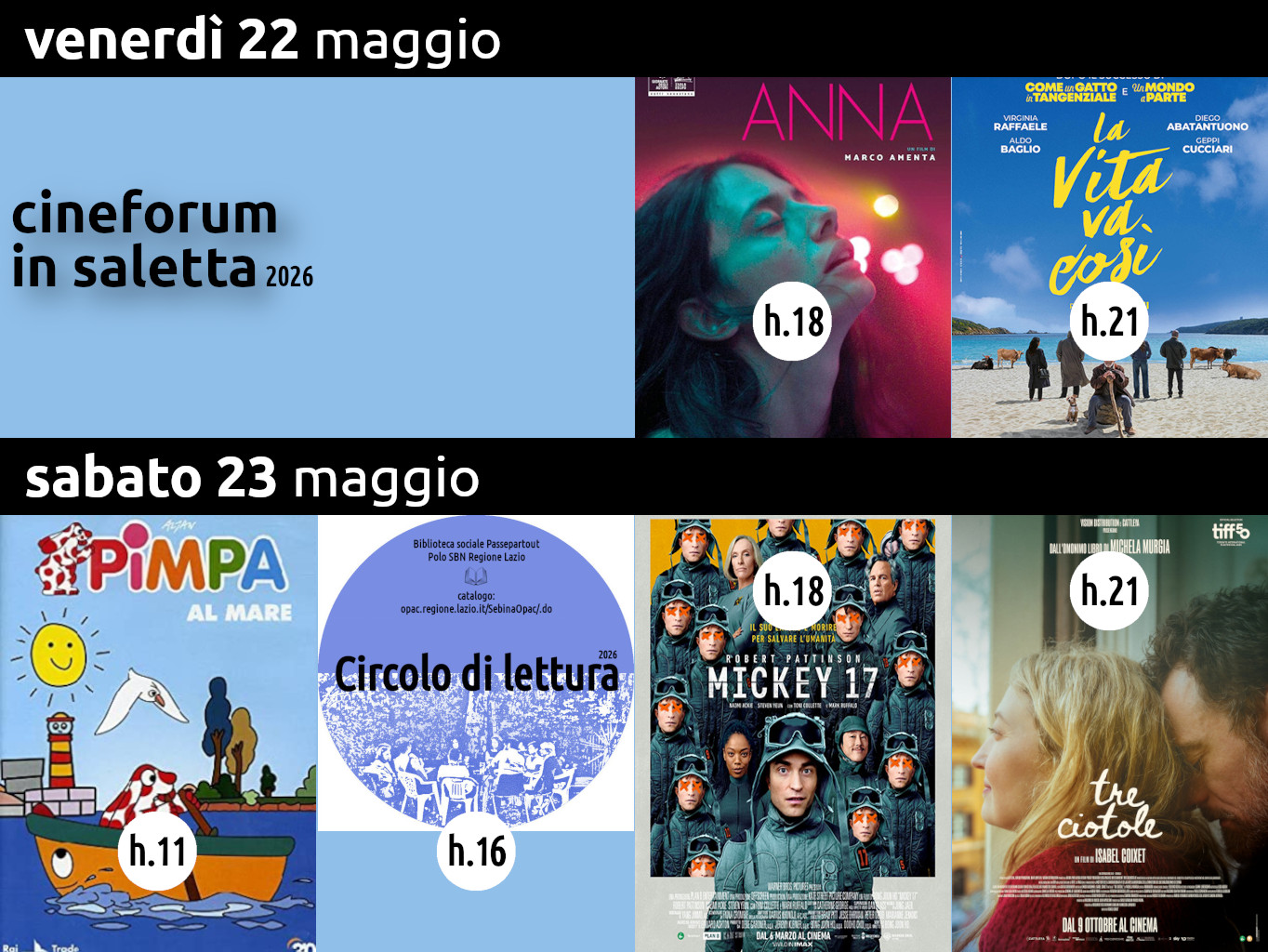 Cineforum (e non solo…) in saletta venerdì 22 e sabato 23 maggio 2026