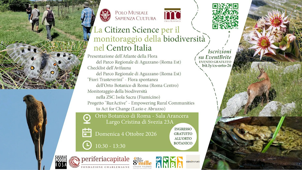 La Citizen Science per il monitoraggio della biodiversità nel Centro Italia. Domenica 4 ottobre 2026 Sala Arancera dell'Orto Botanico - Roma